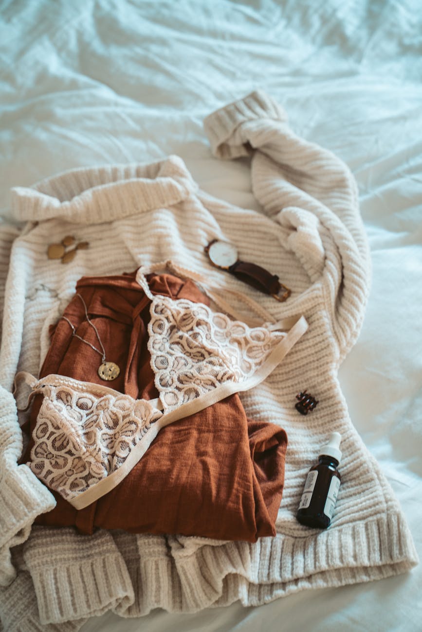 brown and white floral panty on white textile